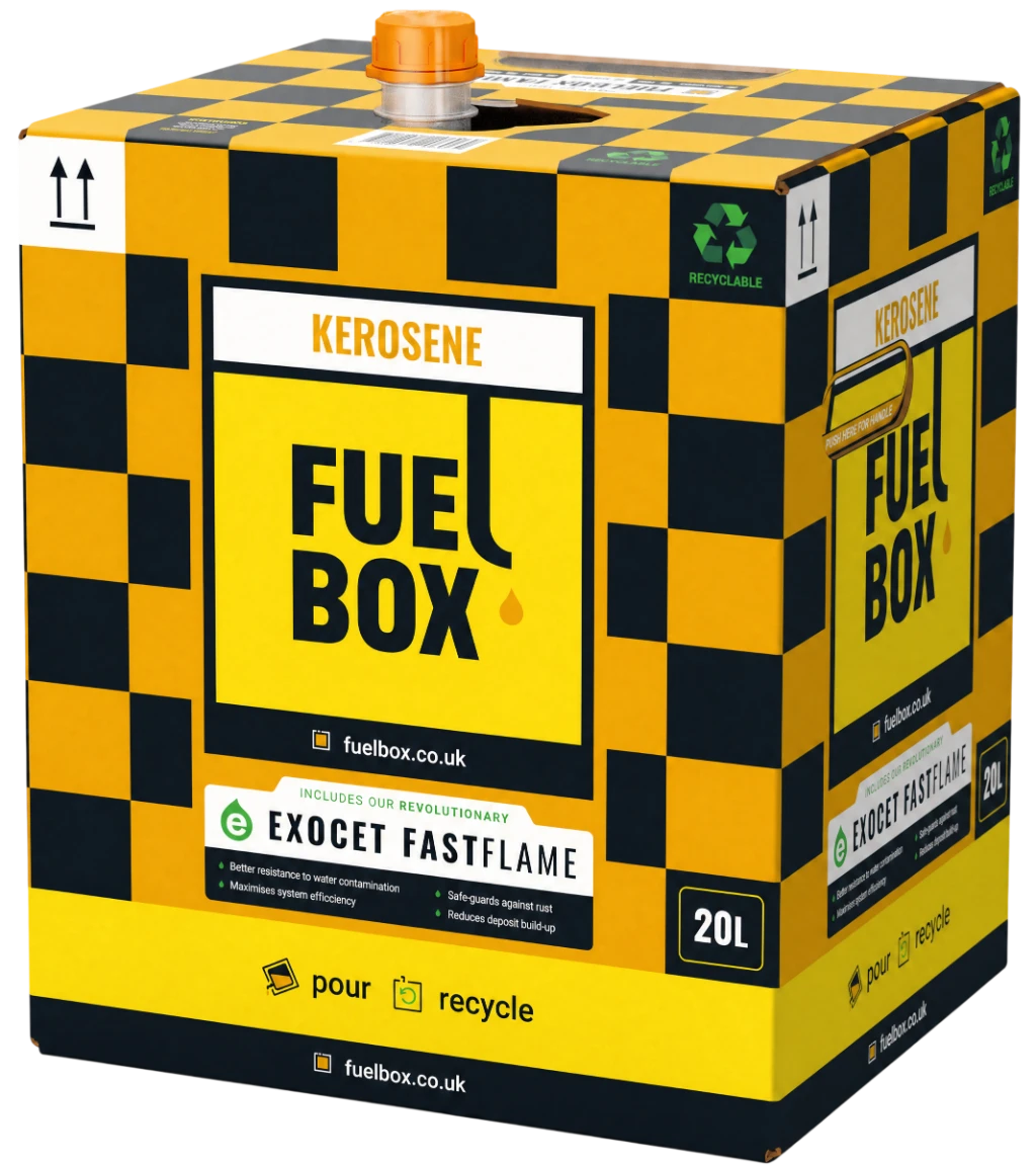 A 20 litre Kerosene FuelBox, a yellow bag in box with a flexi hose pouring spout